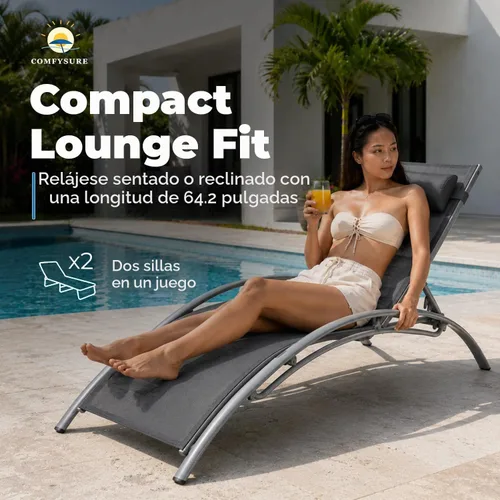 Vista 6 de ComfySure Juego de 2 sillas de aluminio reclinables de textileno de 4 posiciones con almohada y reposabrazos, apilables, resistentes a los rayos UV