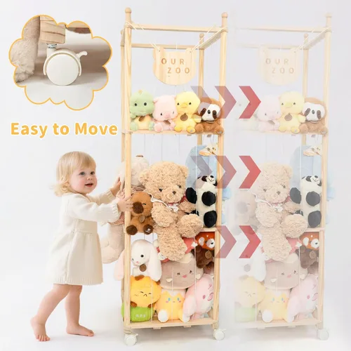 Vista 2 de Organizador de zoológico de almacenamiento de animales de peluche, soporte alto de torre de madera para juguetes de peluche grandes, exhibición