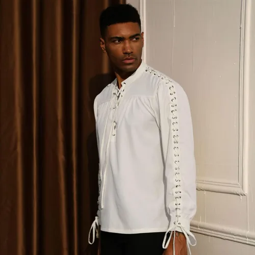 Vista 6 de Teyujosem Camisa medieval gótica renacentista de manga larga con cordones para hombre