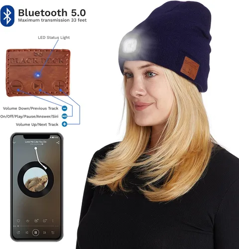 Vista 4 de BLACK DECK Gorro unisex LED Bluetooth Faro LED y auriculares estéreo inalámbricos compatibles con todos los dispositivos Bluetooth