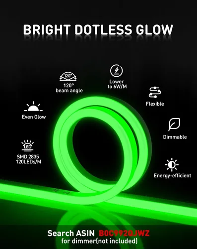 Vista 2 de Shine Decor cuerdas de luces LED AC 120V, tira de neón eco sin puntos de 120 LED/m, conectable y cortable, impermeable IP65 y resistente al clima