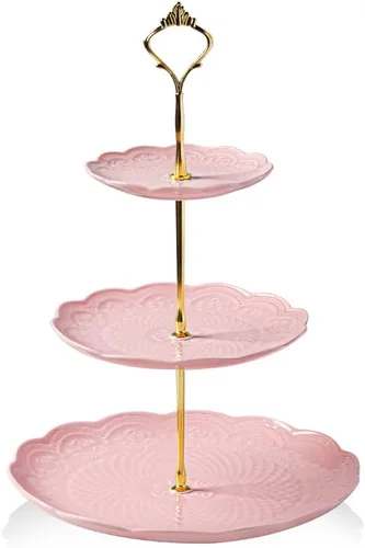 Vista 11 de Sweejar Soporte de cerámica para tartas de 3 niveles, soporte para postres, soporte para cupcakes, bandeja para servir pasteles de fiesta de té