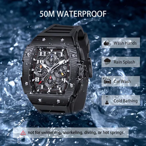 Vista 3 de WISHDOIT GT Chronograph Watch Mens Luxury Tonneau Watch Calendar Date Luminous Waterproof Replica Watch for Men FKM Rubber Strap Sport Dress Casual
