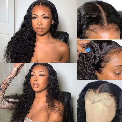 Vista 8 de Pelucas de cabello humano ondulado profundo con encaje frontal de 13 x 4 pulgadas, ultra fino, de 0.039 pulgadas, predepiladas, para mujeres, sin
