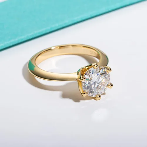 Vista 4 de AnuClub Anillo solitario de moissanita VVS1 de 6 puntas, color D de 6 puntas, plata chapada en oro amarillo grueso, nunca se decolora, regalo
