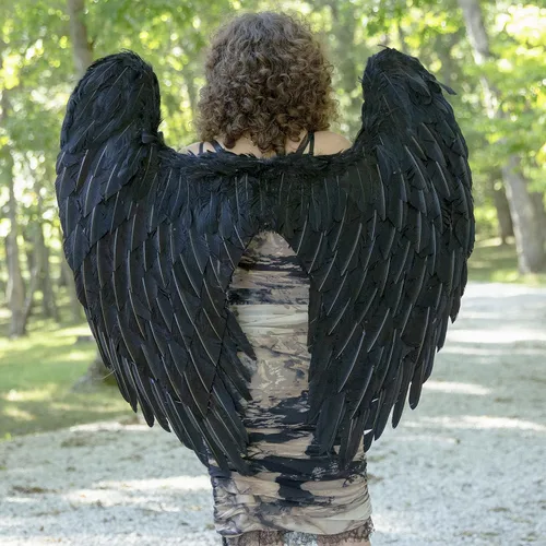 Vista 3 de Zucker Alas de ángel negras - Alas de plumas naturales grandes para adultos para disfraces de demonio diablo y maléfica o cosplay