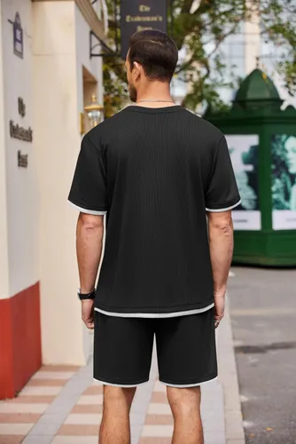 Vista 3 de COOFANDY Conjunto de camisa y pantalones cortos de gofre para hombre, conjunto de 2 piezas, conjunto casual de verano con bolsillos