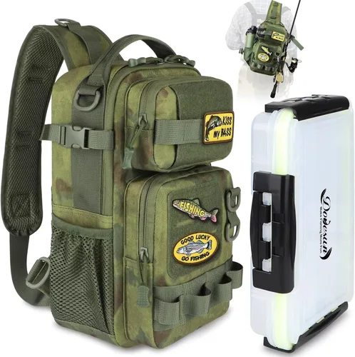 Vista 12 de Dovesun Mochila de pesca pequeña con cajas de aparejos, bolsa de pesca con parches bordados de bricolaje, bolsa de aparejos de regalo para hombres