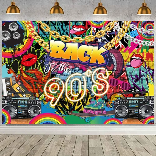 Vista 5 de Sensfun Decoraciones de fiesta de los años 90, pancarta de regreso a los 90, telón de fondo de los años 90, fondo de pared de ladrillo de graffiti