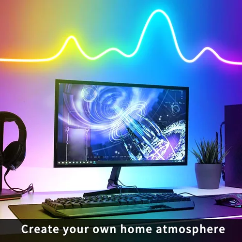 Vista 4 de Luces LED de neón de 50 pies con control remoto y aplicación, tira de luces de neón flexibles impermeables IP65 de 24 V RGB LED para dormitorio