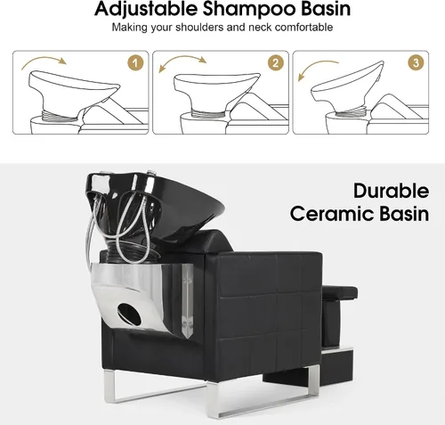 Vista 4 de BarberPub Juego de tazones y sillas de cerámica para champú para peluquería, estación de fregadero ajustable para lavado de cabello, estación