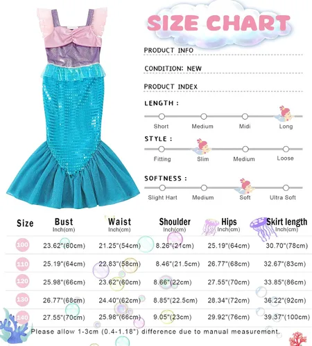 Vista 3 de HenzWorld Mermaid Princess Costume Dress up Outfit Birthday Party Spaghetti Strap Fish Skirt Accessories Jewelry Pink