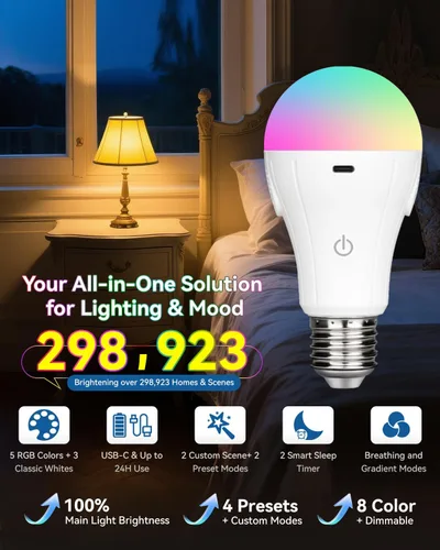 Vista 2 de CordlessGlow - Bombillas recargables con control remoto, 5 RGB + 3 CCT regulables, funciona con pilas, para lámparas cableadas y sin cableado