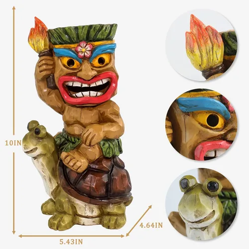 Vista 2 de Estatua de Tiki para exteriores con decoración de tortuga, figura de jardín con energía solar, arte Tiki para Tiki bar, patio trasero, jardín
