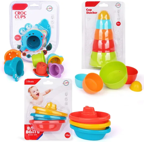 Vista 8 de Playkidz Juego de juguetes de baño – Tren pequeño, cuencos apilables y tazas de cocodrilo para niños pequeños, paquete de 16 remolcadores apilables