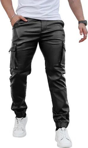 Vista 11 de GINGTTO Pantalones de cuero para hombre, pantalones de discoteca ajustados para hombre elásticos