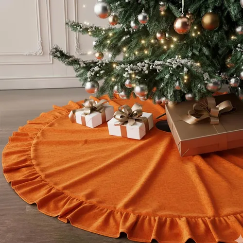 Vista 6 de Faldones de Felpa para Árbol de Navidad, 24 pulgadas, Lujosa Cubierta de Base de Árbol de Navidad de Piel Sintética Negra con Copos de Nieve Dorados