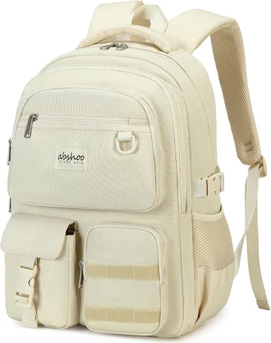 Vista 2 de Abshoo Mochila grande resistente para escuela y universidad. Mochila casual con múltiples bolsillos para viajes Beige