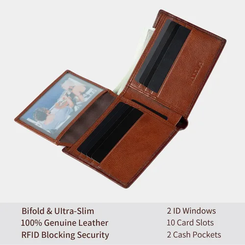 Vista 5 de Cartera de piel auténtica para hombre, con bloqueo RFID, plegable, elegante, con 2 ventanas de identificación, Marrón, Minimalista