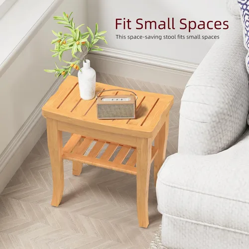 Vista 12 de Banco de ducha de bambú, taburete de ducha pequeño de spa para ducha interior, impermeable, asiento de baño con estante de almacenamiento