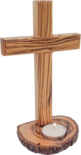 Vista 5 de Mesa de madera de olivo con cruz (8 pulgadas), cruz lisa de madera con base de portavelas