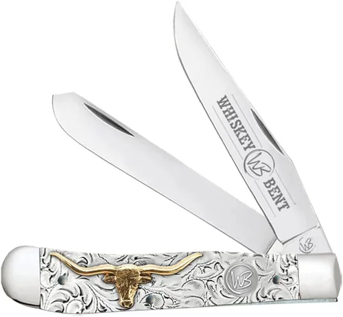 Vista 15 de WHISKEY BENT HAT CO. Navaja de bolsillo plegable tradicional Trapper de 4.125 pulgadas, longitud cerrada, cuchillas de acero inoxidable 440C (azteca)