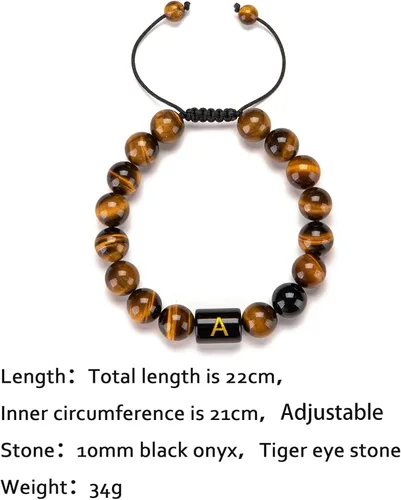 Vista 3 de FRG Brazalete con letra inicial del nombre, hecho a mano, las cuentas son de ónix negro u ojo de tigre, la cuerda es trenzada, un brazalete lleno