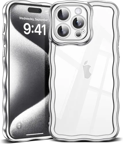 Vista 83 de SKYLMW Funda compatible con iPhone 12 Pro, diseño de ondas rizadas kawaii, borde chapado de lujo, elegante parte trasera transparente brillante, TPU