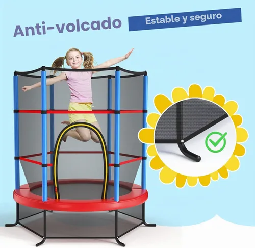 Vista 4 de Giantex - Trampolín infantil de 55”, con red de seguridad y almohadilla de resorte, marco de acero resistente con cremallera integrada Azul /Rojo