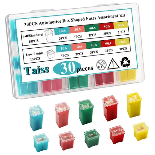 Vista 3 de Taiss - Juego de 30 fusibles en forma de caja, fusibles automotrices de perfil alto/estándar y bajo, fusibles automotrices de 20 A, 30 A, 40 A, 50