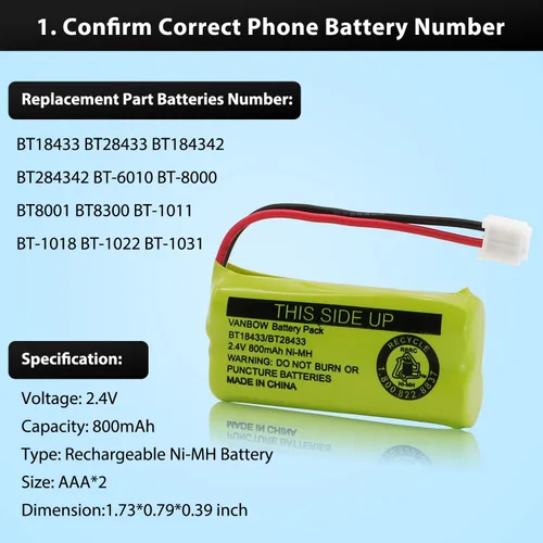 Vista 3 de BT18433/BT28433 2.4V 800mAh Ni-MH Batería inalámbrica para teléfono, también compatible con AT&T BT184342/BT284342 BT8300 BT1011 BT1018 BT1022