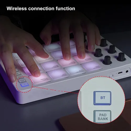 Vista 5 de Controlador MIDI Pad portátil, controlador MIDI Bluetooth SMC PAD con 16 almohadillas retroiluminadas RGB, 8 perillas asignables, repetición