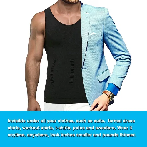 Vista 5 de KOCLES Camiseta de compresión atlética para hombre, adelgazante, moldeadora de cuerpo, camiseta sin mangas, abdominal, chaleco delgado