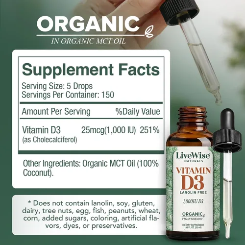 Vista 2 de Live Wise Naturals Gotas líquidas de vitamina D3 - Fórmula de aceite MCT orgánico para adultos - Suplemento D3 de fácil absorción para apoyo