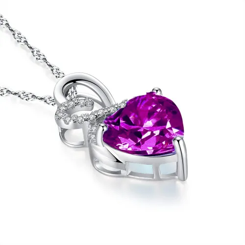 Vista 3 de Collar con dije de piedra natal de piedras preciosas creadas en laboratorio con dije de corazón y diamantes en oro blanco de 10 quilates o chapado