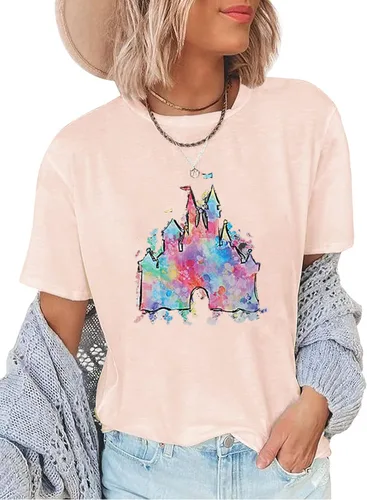 Vista 5 de Camiseta mágica para mujer, camiseta de reino mágico con estampado de castillo, camiseta familiar de manga corta, tops casuales de verano