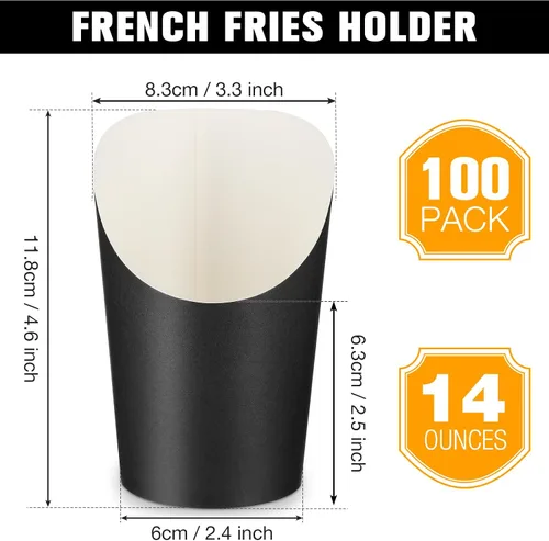 Vista 2 de Potchen 100 tazas de papas fritas de 14 onzas, papel negro, soportes para papas fritas, caja de palomitas de maíz, conos de gofre, para fiestas
