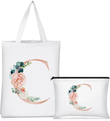 Vista 11 de Sanwuta 2 bolsas de lona con inicial, diseño floral con letras florales, bolsas de cosméticos de viaje, bolsas con monograma para mujer, mujer