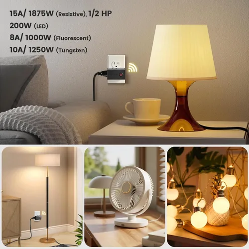 Vista 5 de Toma de control remoto de 15 amperios, interruptor de luz inalámbrico, color negro Plug & Play, 100 ft RF Range, No Wiring/WiFi, Decorator Rocker