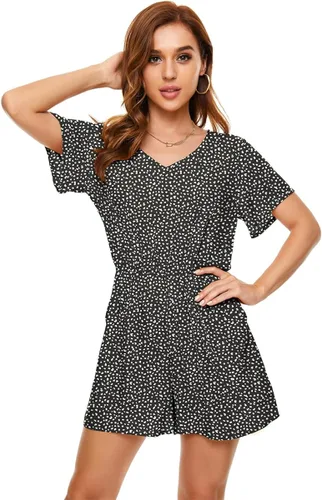 Vista 3 de LAC RETTBA Mono de leopardo con lunares para mujer, cuello en V, estampado floral, manga con vuelo, bolsillo
