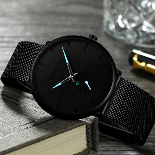 Vista 4 de CRRJU Reloj de cuarzo analógico delgado para hombre, reloj de pulsera con esfera negra con correa de malla