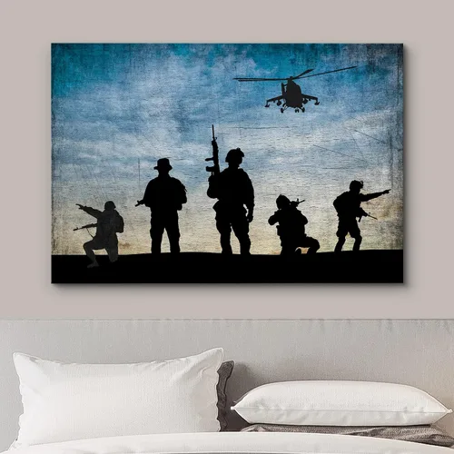 Vista 3 de wall26 Lienzo impreso para pared, estilo panel de madera, soldados del ejército estadounidense, helicóptero, puesta de sol, cultural, histórico