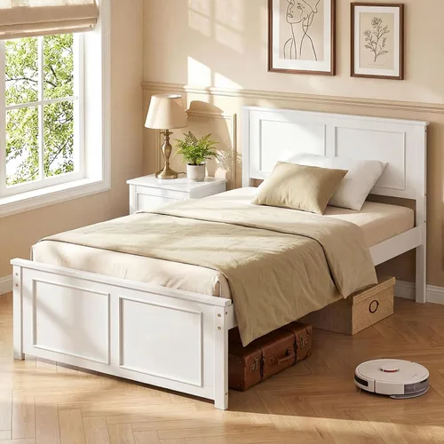 Vista 14 de Giantex Marco de cama individual con cabecero, cama de plataforma de madera maciza de mediados de siglo, cama de panel individual con soporte