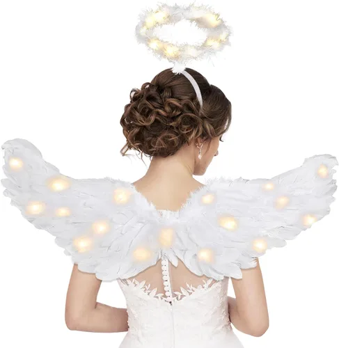 Vista 2 de Alas de ángel, alas de ángel iluminadas y halo con luces LED, disfraz de alas de ángel blancas para adultos, mujeres, niños, Halloween, Navidad
