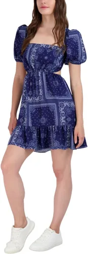 Vista 2 de BCBGeneration Vestido ajustado y acampanado para mujer, manga corta abombada, cuello cuadrado recortado
