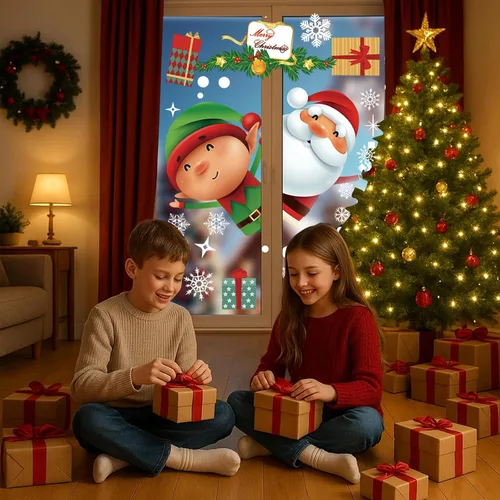 Vista 5 de 146 calcomanías navideñas de copo de nieve para ventanas, adhesivos de ventana de Navidad, calcomanías de Navidad de doble cara, Papá Noel, elfo