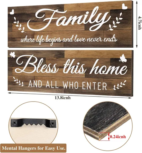 Vista 3 de Jetec - Letrero de pared de madera con texto en inglés «Bless This Home», 2 unidades, color marrón