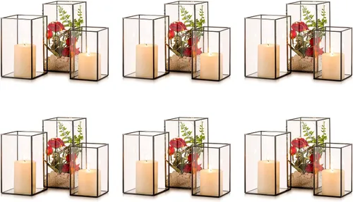 Vista 11 de NUPTIO Portavelas de Cristal Hurricane: 3 Piezas Linternas Negras Geométricas Portavelas de Velas de Pilar Linterna Decorativa Centro de Mesa