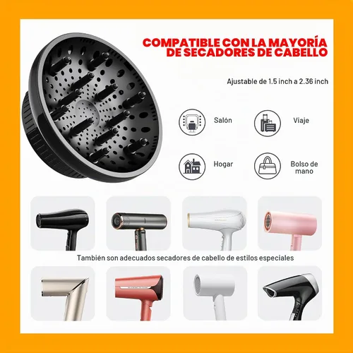 Vista 7 de BLOLYO - Difusor universal para secador de pelo, accesorio de boquilla ajustable de 1.5 a 2.36 pulgadas para cabello rizado y ondulado natural, Negro