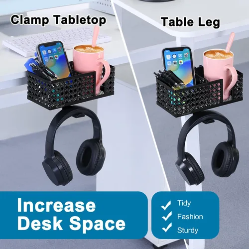 Vista 3 de Soporte para tazas de escritorio, gancho con clip, soporte para bolígrafo, organizador de escritorio, soporte para lápices, soporte para teléfono